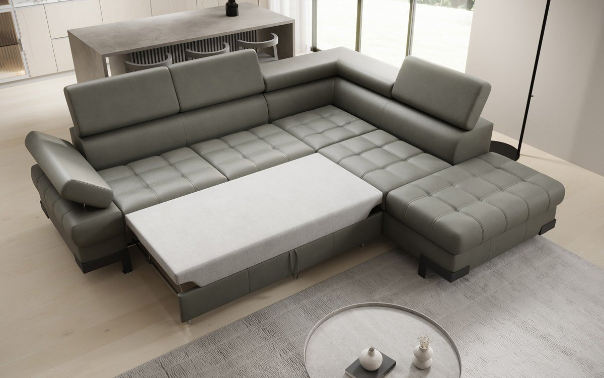 Designer L Sofa Noelia mat Schloffunktioun an Stauraum an Echtläder