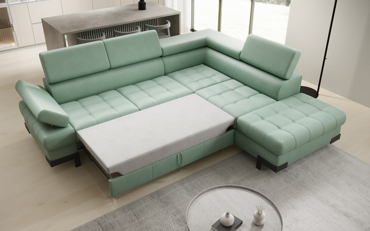 Designer L Sofa Noelia mat Schloffunktioun an Stauraum an Echtläder