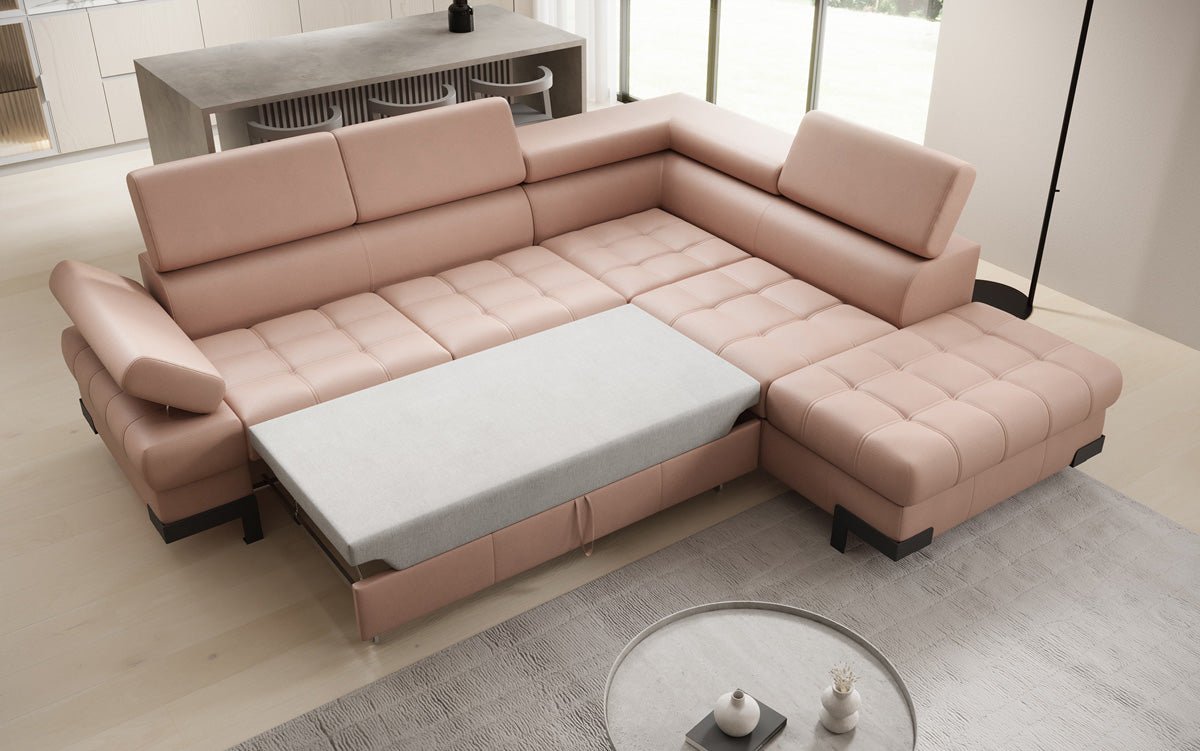 Designer L Sofa Noelia mat Schloffunktioun an Stauraum an Echtläder