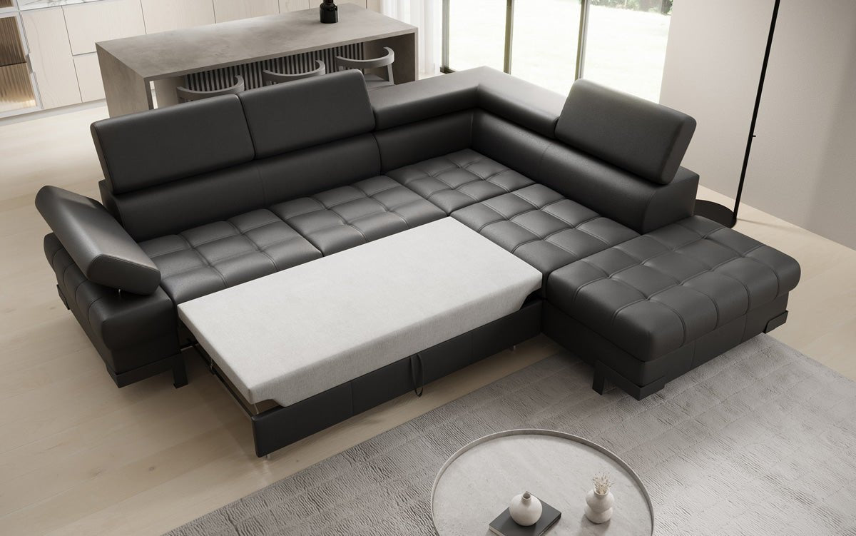 Designer L Sofa Noelia mat Schloffunktioun an Stauraum an Echtläder