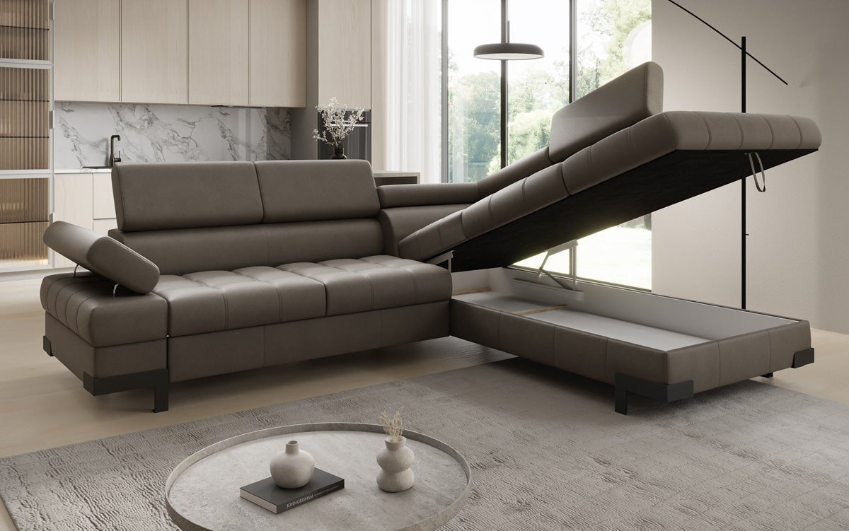 Designer L Sofa Noelia mat Schloffunktioun an Stauraum an Echtläder