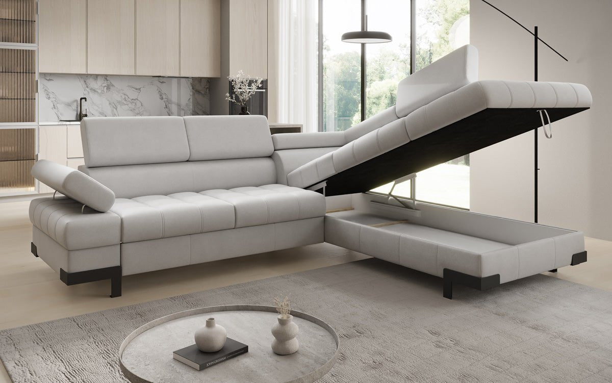 Designer L Sofa Noelia mat Schloffunktioun an Stauraum an Echtläder