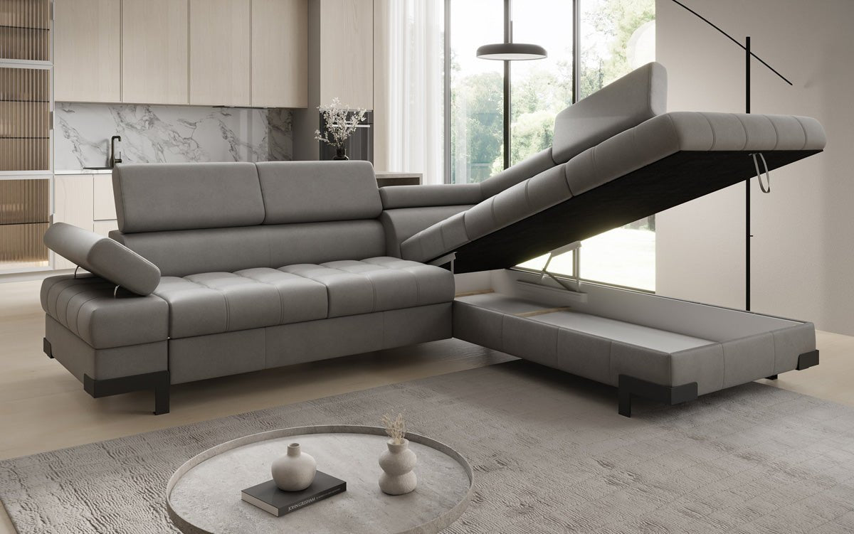 Designer L Sofa Noelia mat Schloffunktioun an Stauraum an Echtläder