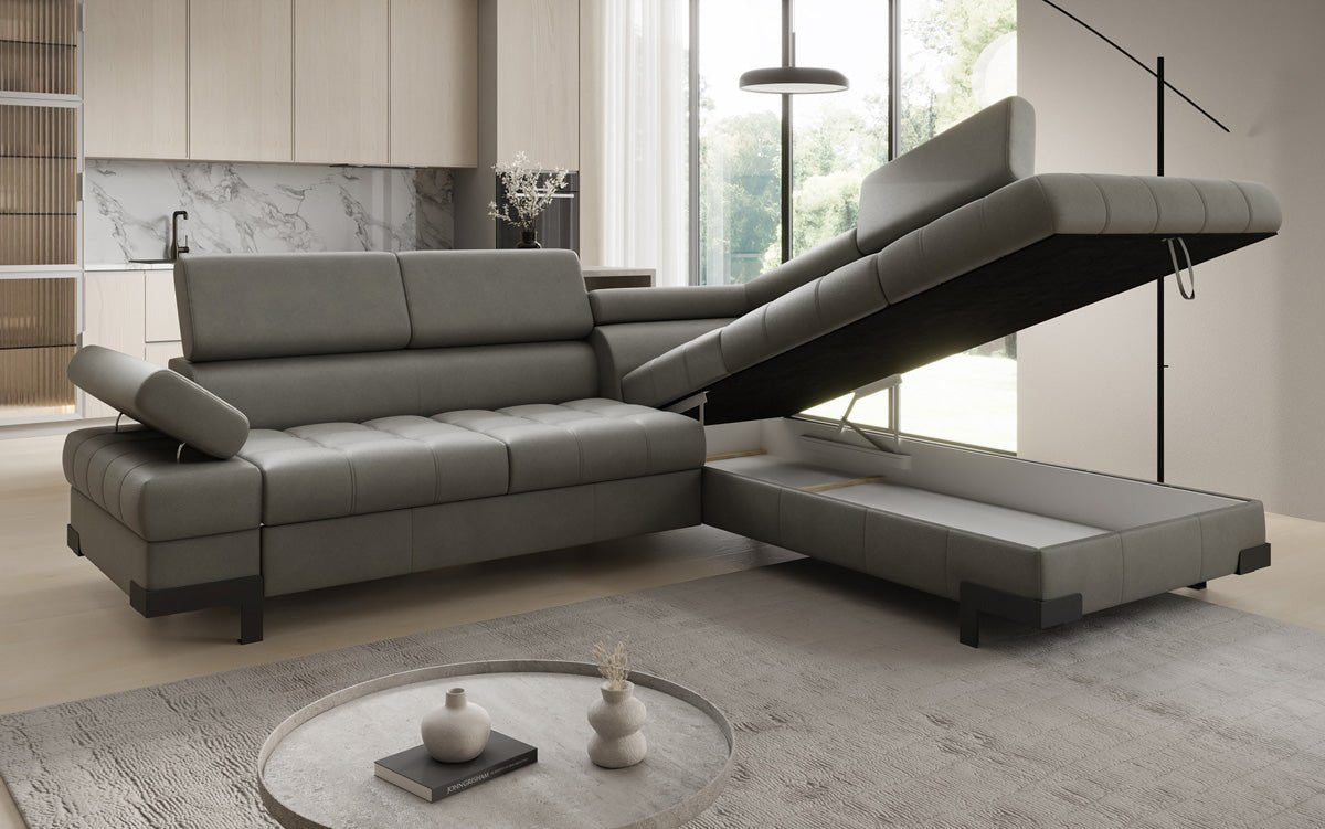 Designer L Sofa Noelia mat Schloffunktioun an Stauraum an Echtläder
