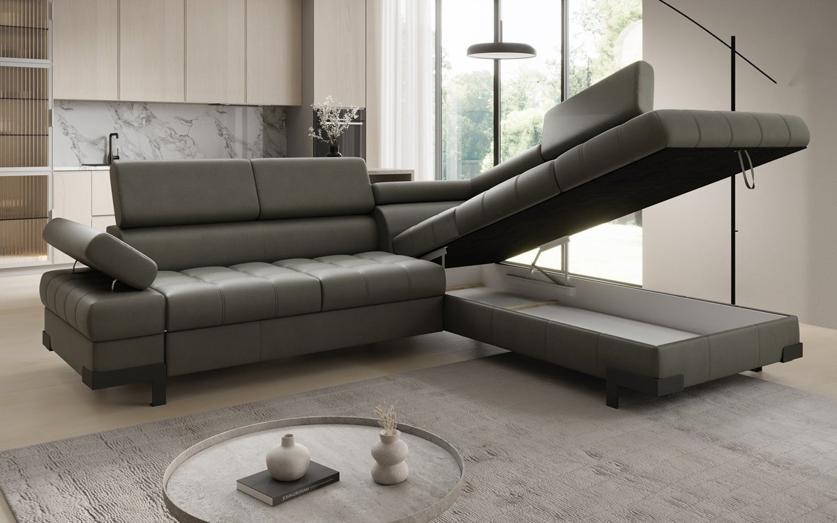 Designer L Sofa Noelia mat Schloffunktioun an Stauraum an Echtläder