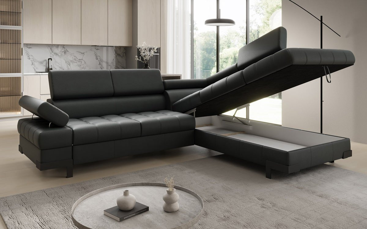Designer L Sofa Noelia mat Schloffunktioun an Stauraum an Echtläder