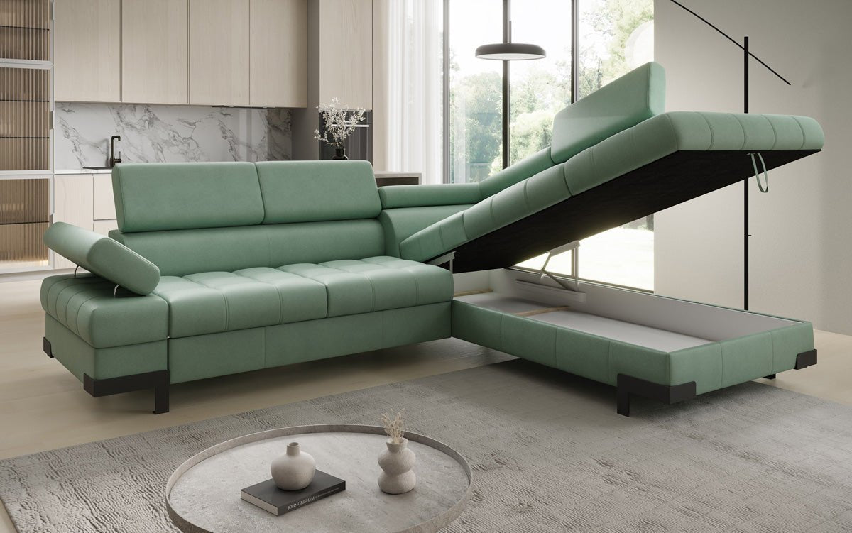 Designer L Sofa Noelia mat Schloffunktioun an Stauraum an Echtläder
