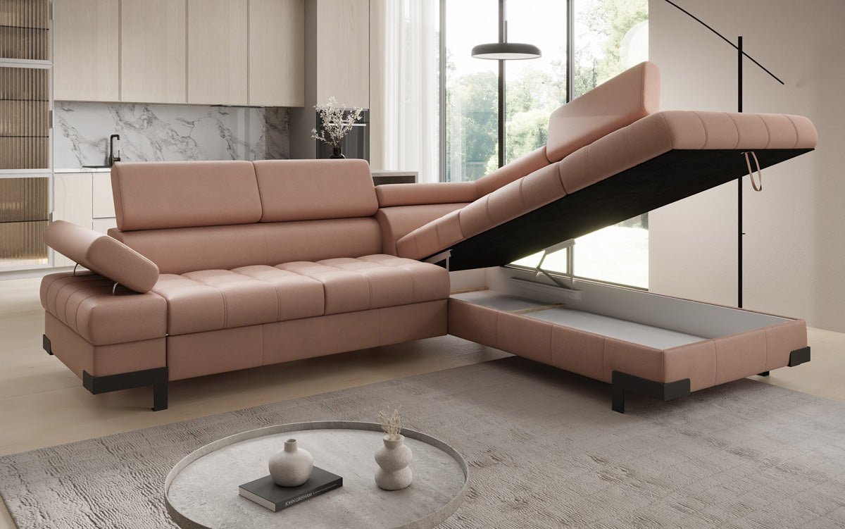 Designer L Sofa Noelia mat Schloffunktioun an Stauraum an Echtläder