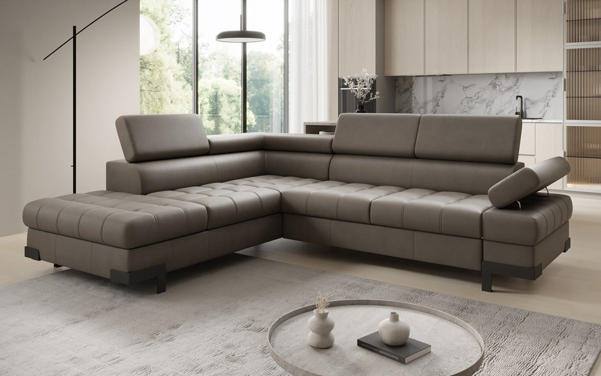 Designer L Sofa Noelia mat Schloffunktioun an Stauraum an Echtläder