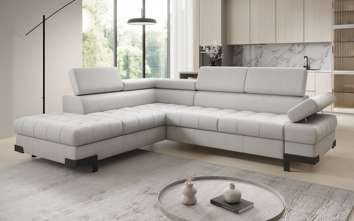 Designer L Sofa Noelia mat Schloffunktioun an Stauraum an Echtläder