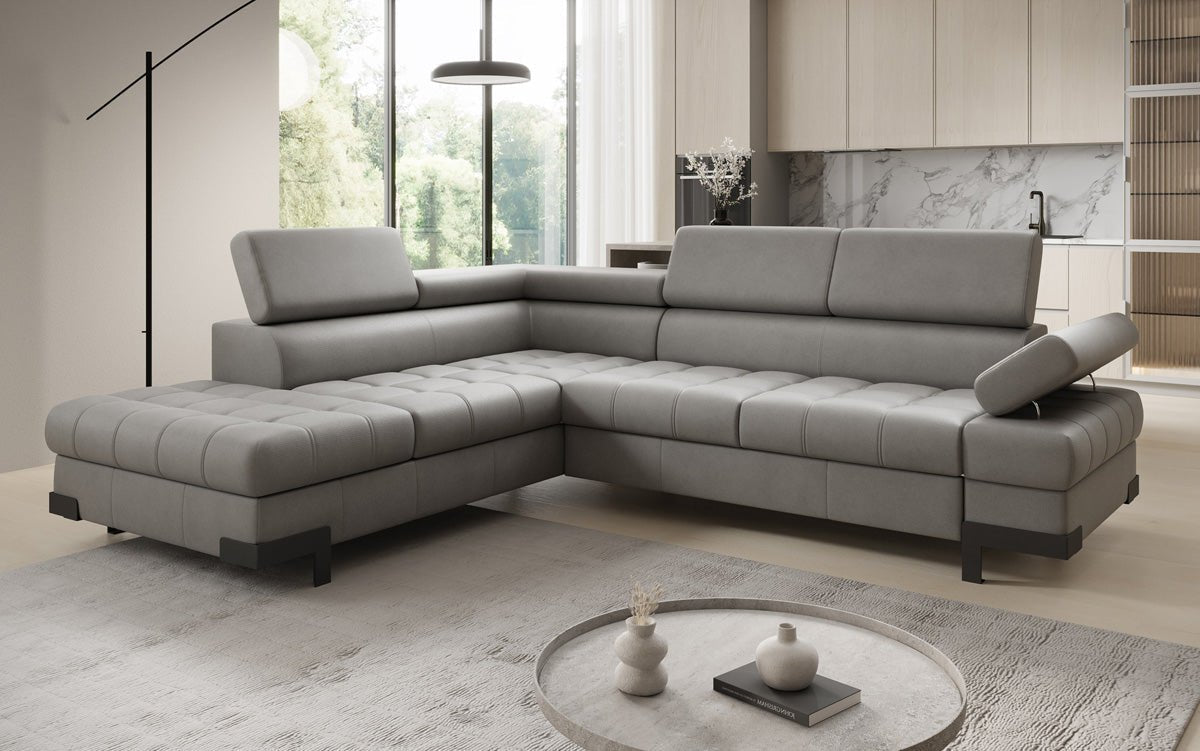 Designer L Sofa Noelia mat Schloffunktioun an Stauraum an Echtläder