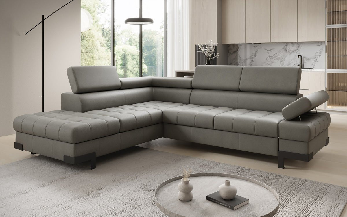 Designer L Sofa Noelia mat Schloffunktioun an Stauraum an Echtläder