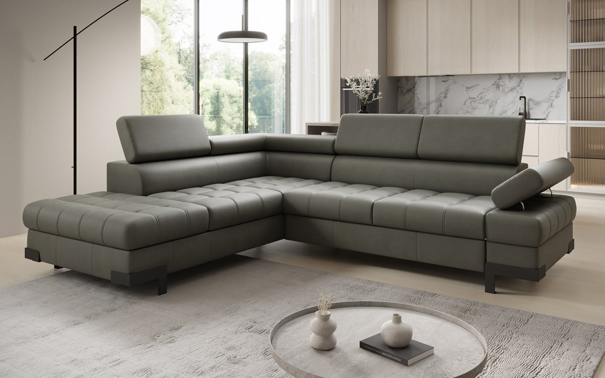 Designer L Sofa Noelia mat Schloffunktioun an Stauraum an Echtläder