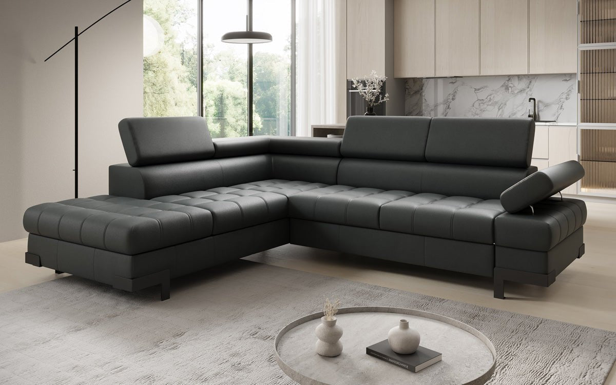 Designer L Sofa Noelia mat Schloffunktioun an Stauraum an Echtläder