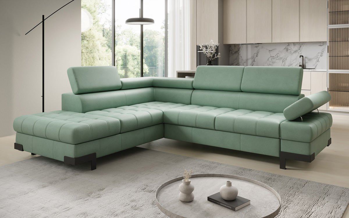 Designer L Sofa Noelia mat Schloffunktioun an Stauraum an Echtläder