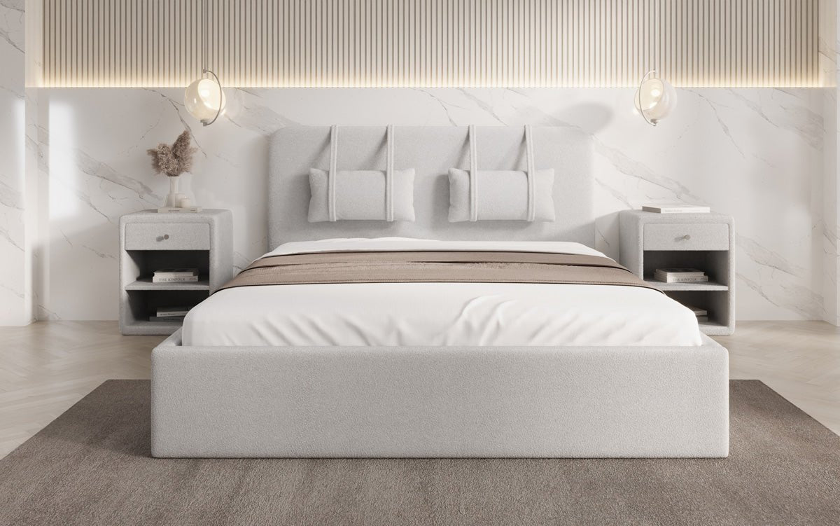 Designer Upholstered Bed Alma in Bouclé with Storage Space