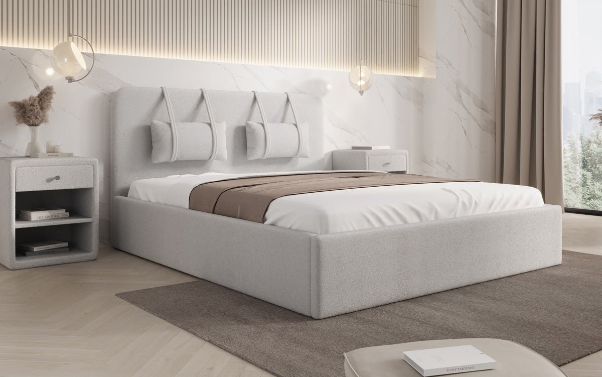 Designer Upholstered Bed Alma in Bouclé with Storage Space