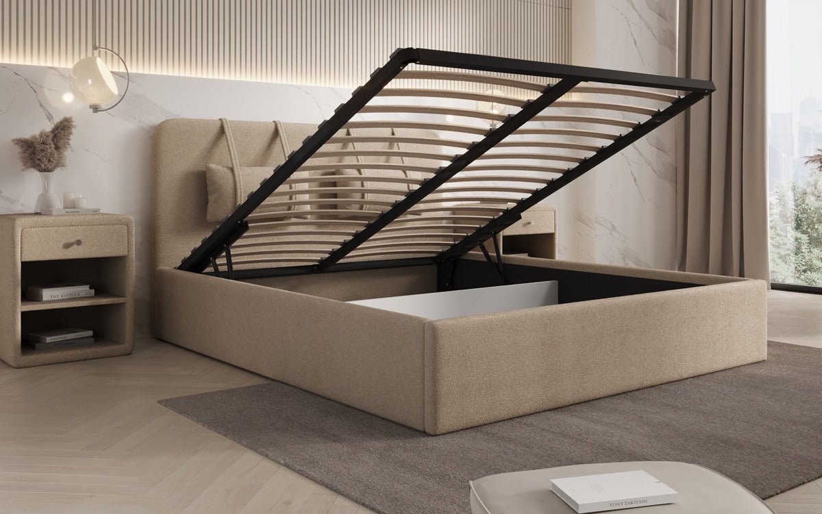 Designer Upholstered Bed Alma in Bouclé with Storage Space