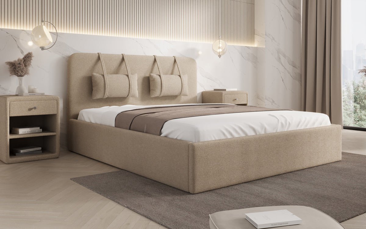 Designer Upholstered Bed Alma in Bouclé with Storage Space