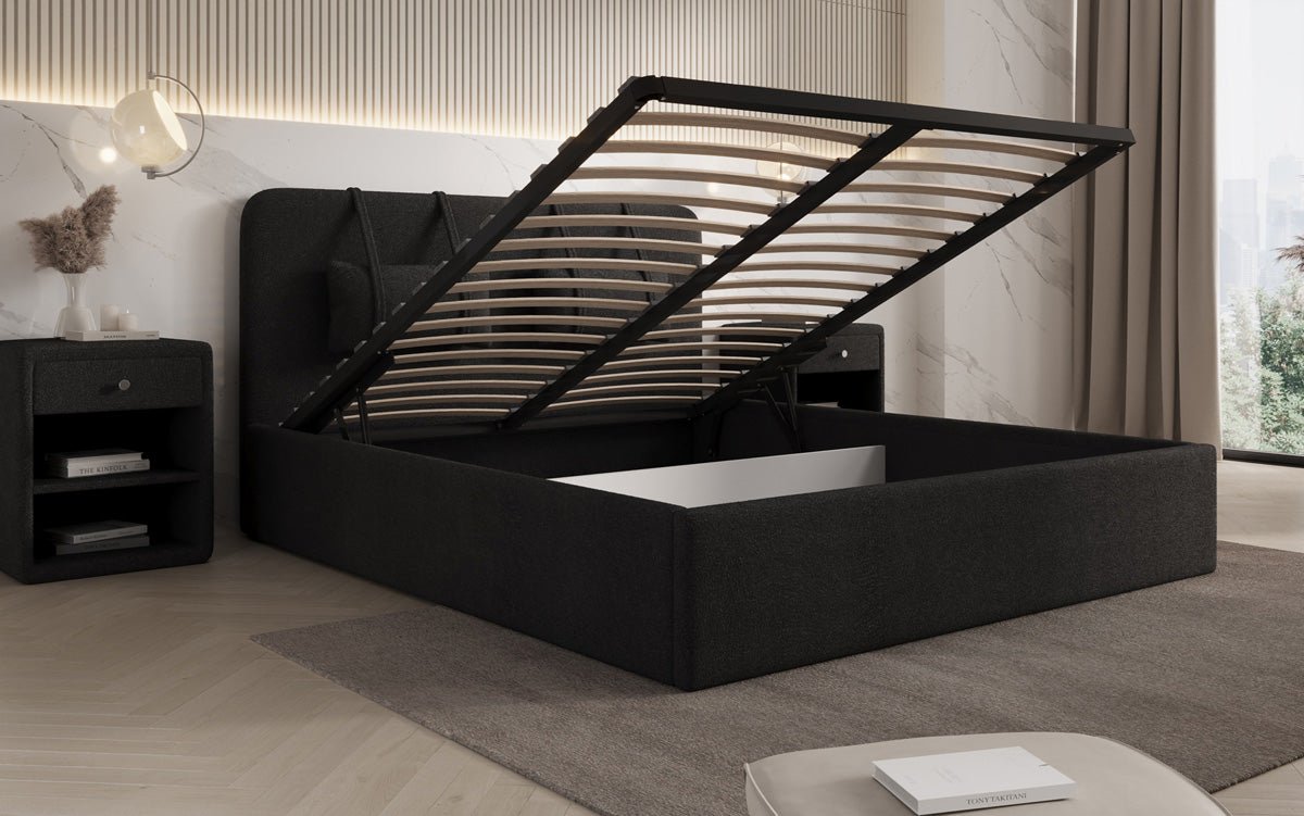 Designer Upholstered Bed Alma in Bouclé with Storage Space