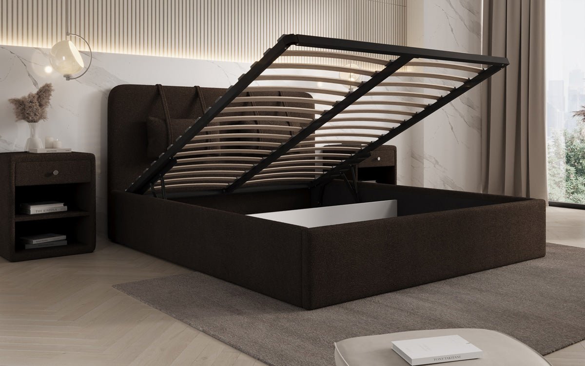 Designer Upholstered Bed Alma in Bouclé with Storage Space