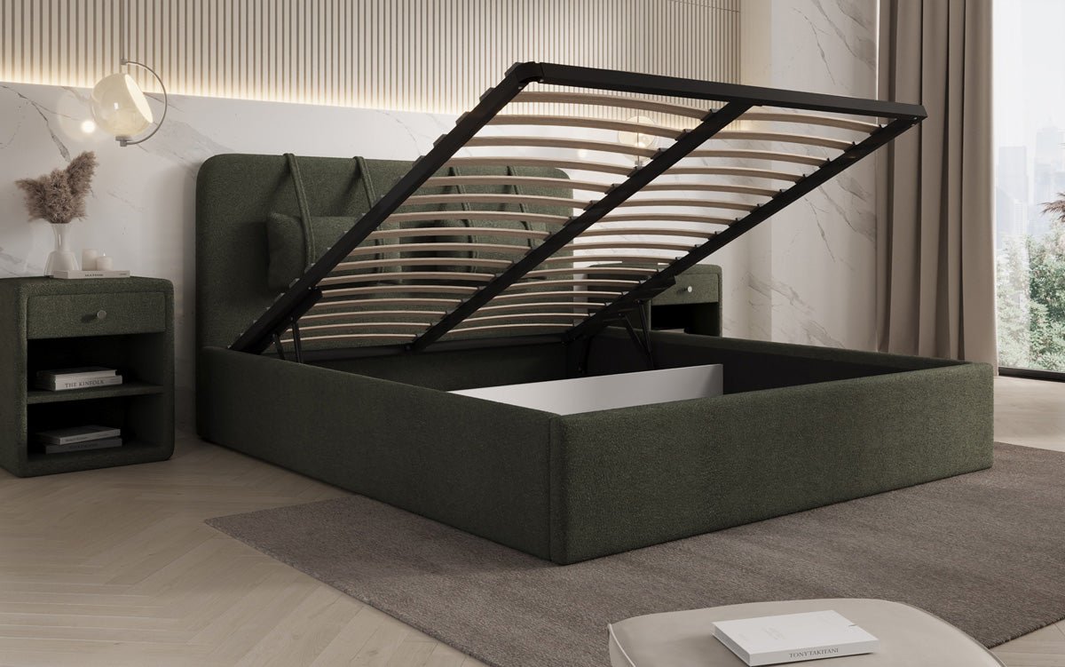 Designer Upholstered Bed Alma in Bouclé with Storage Space