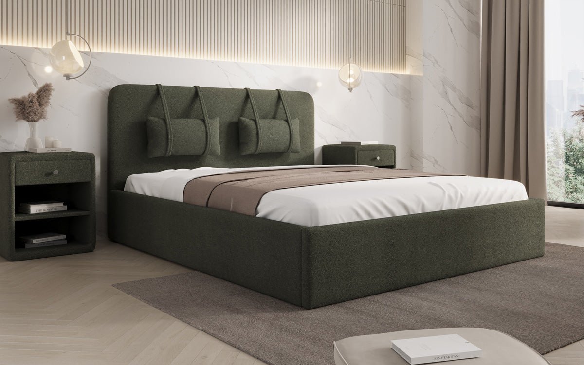 Designer Upholstered Bed Alma in Bouclé with Storage Space