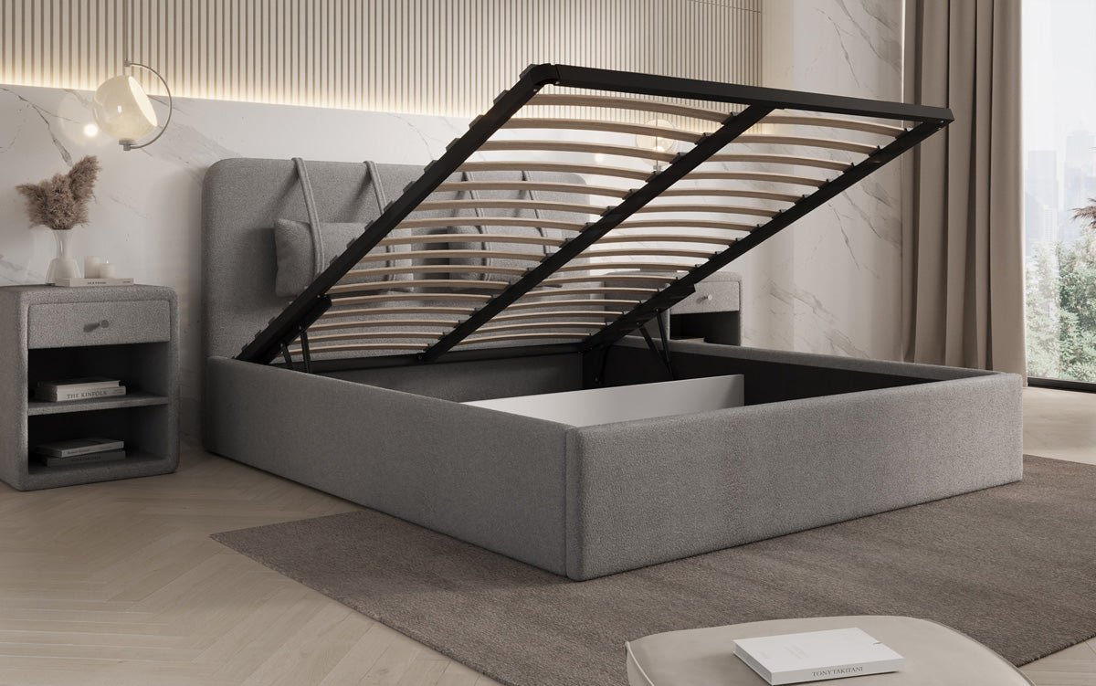 Designer Upholstered Bed Alma in Bouclé with Storage Space