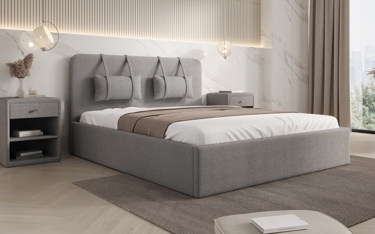 Designer Polsterbett Alma a Bouclé mat Stauraum