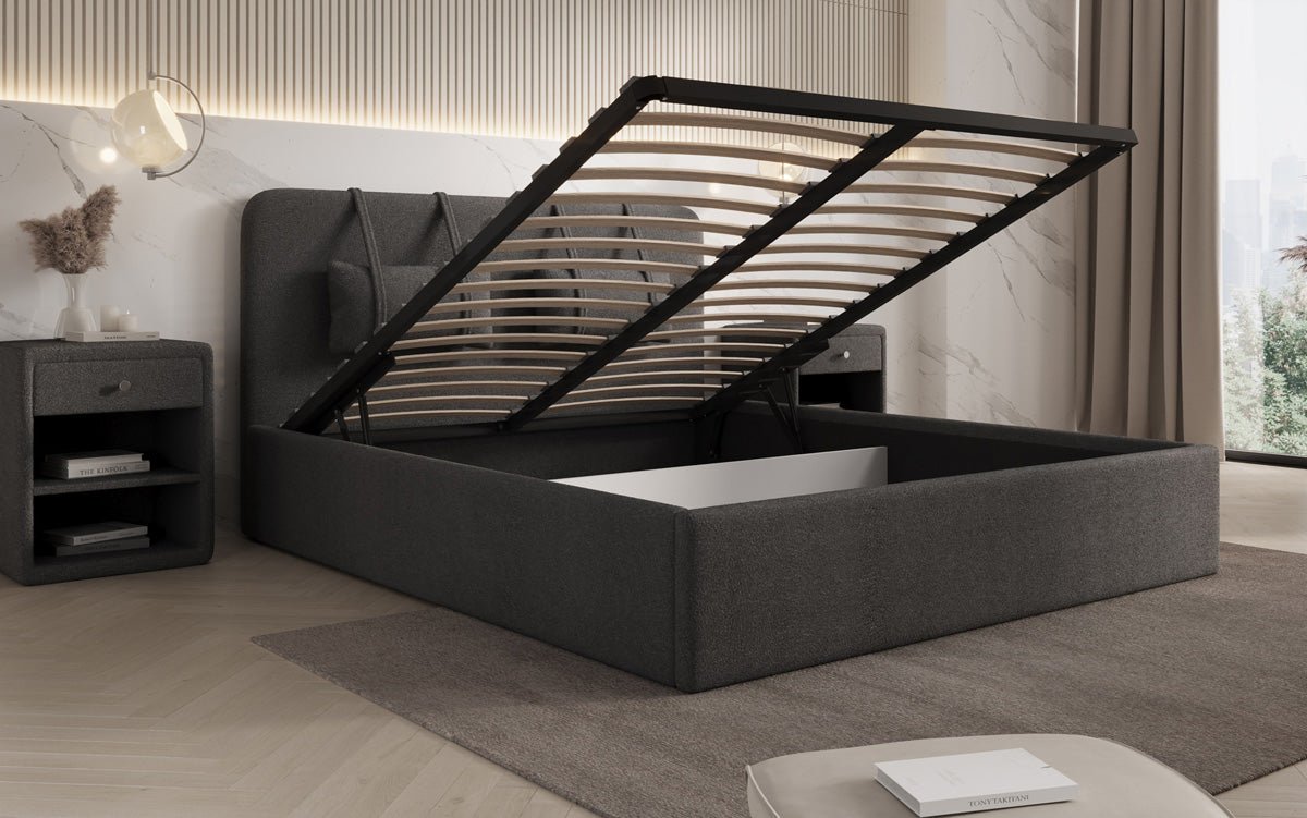 Designer Upholstered Bed Alma in Bouclé with Storage Space