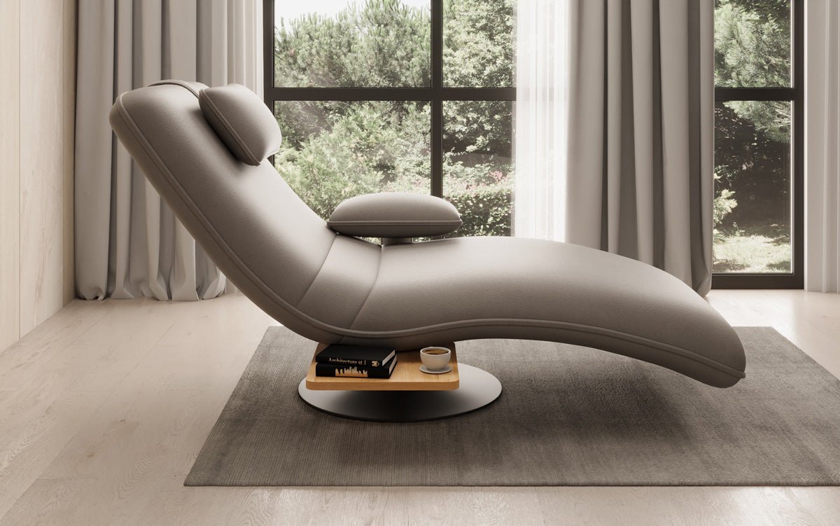 Chaise longue relax design en velours cuir véritable avec fonction pivotante et table d'appoint