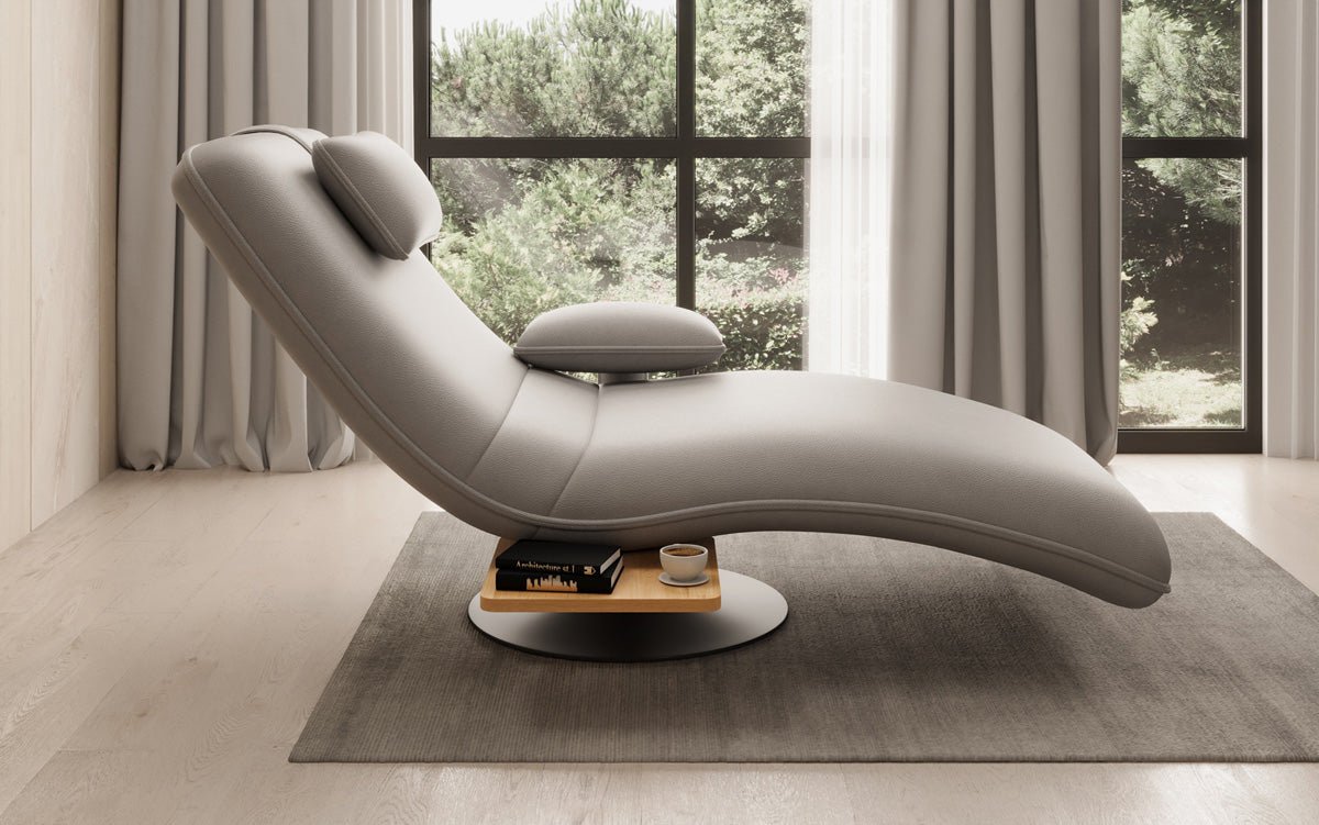 Chaise longue relax design en velours cuir véritable avec fonction pivotante et table d'appoint