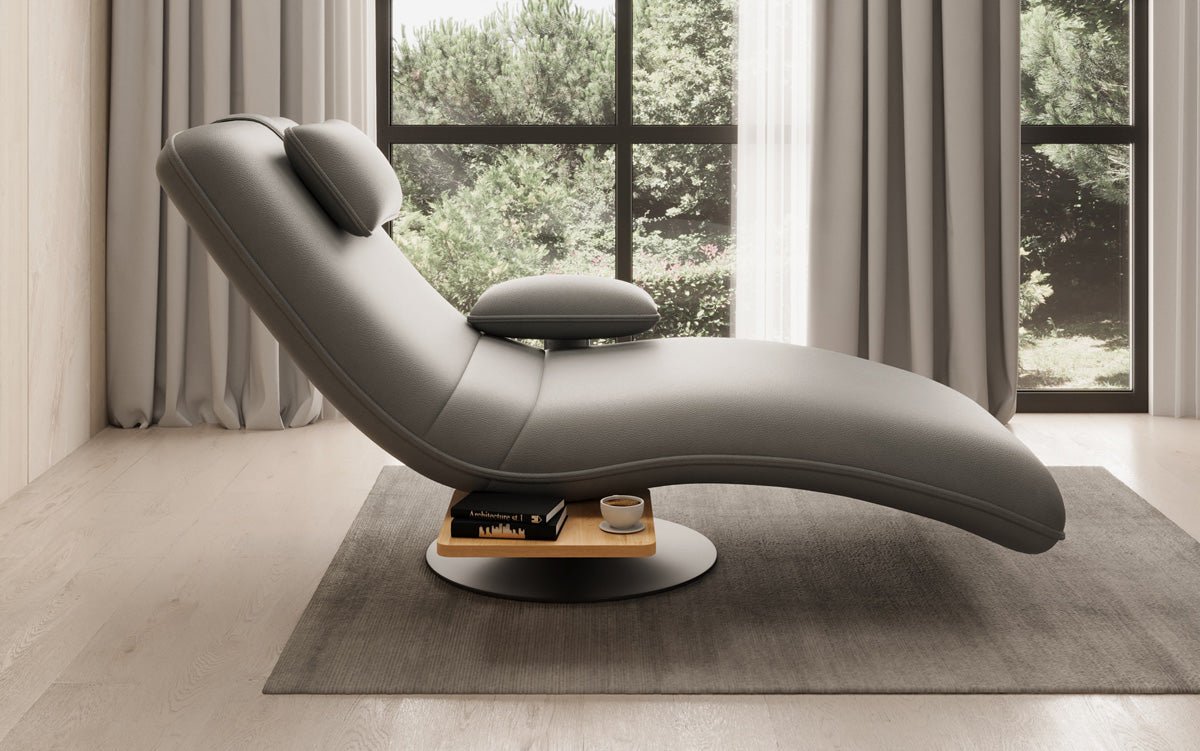 Chaise longue relax design en velours cuir véritable avec fonction pivotante et table d'appoint