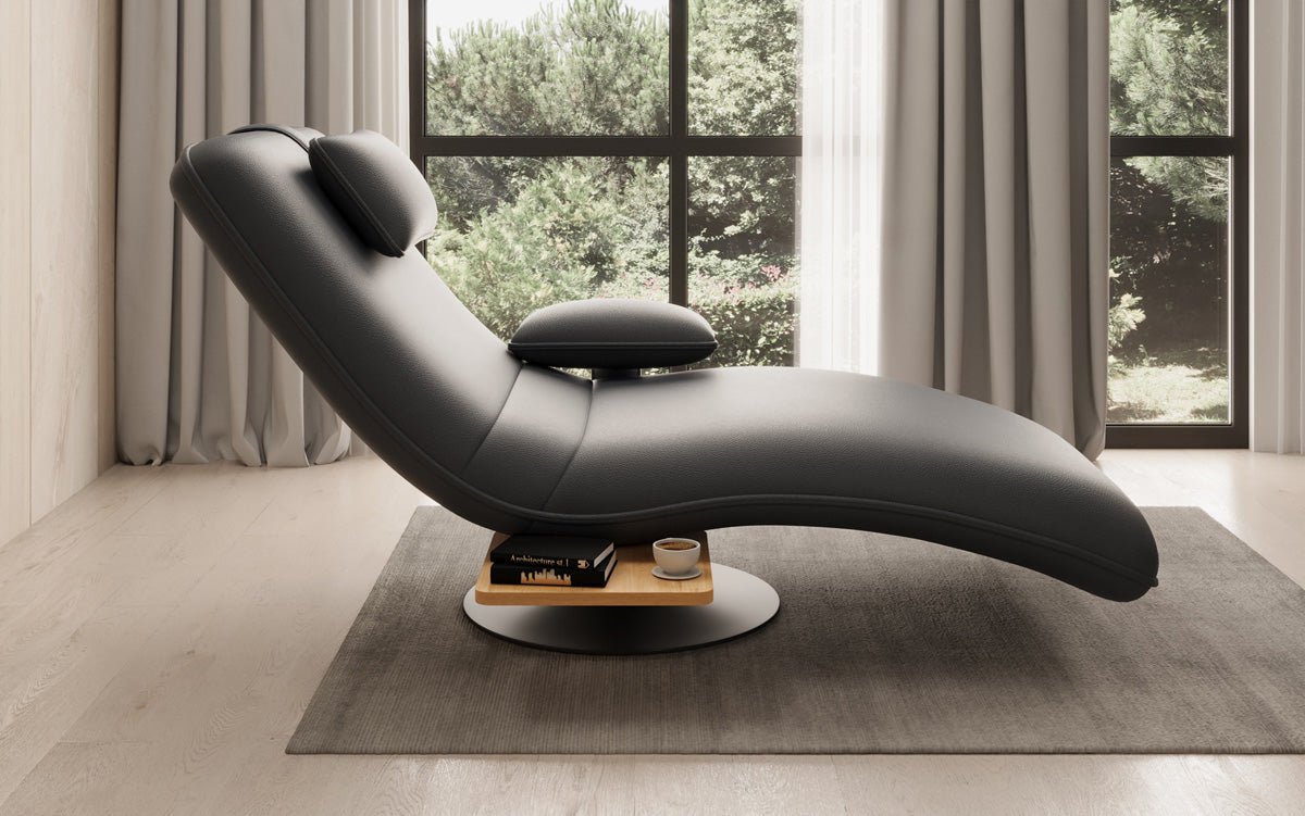 Chaise longue relax design en velours cuir véritable avec fonction pivotante et table d'appoint