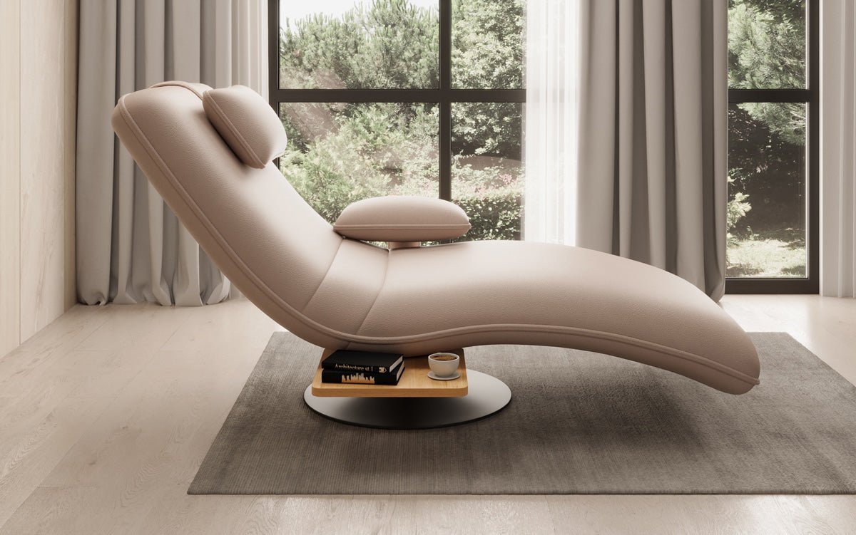 Chaise longue relax design en velours cuir véritable avec fonction pivotante et table d'appoint