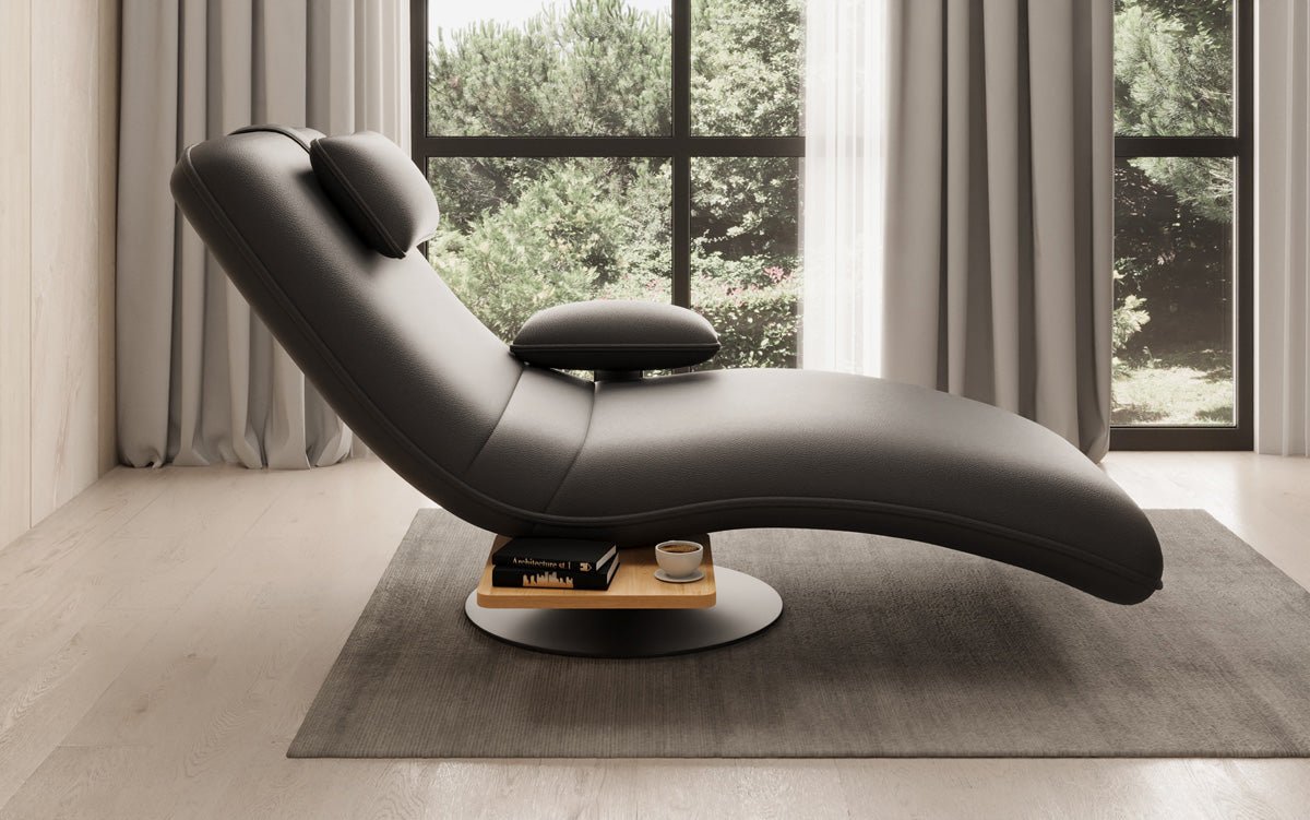 Chaise longue relax design en velours cuir véritable avec fonction pivotante et table d'appoint