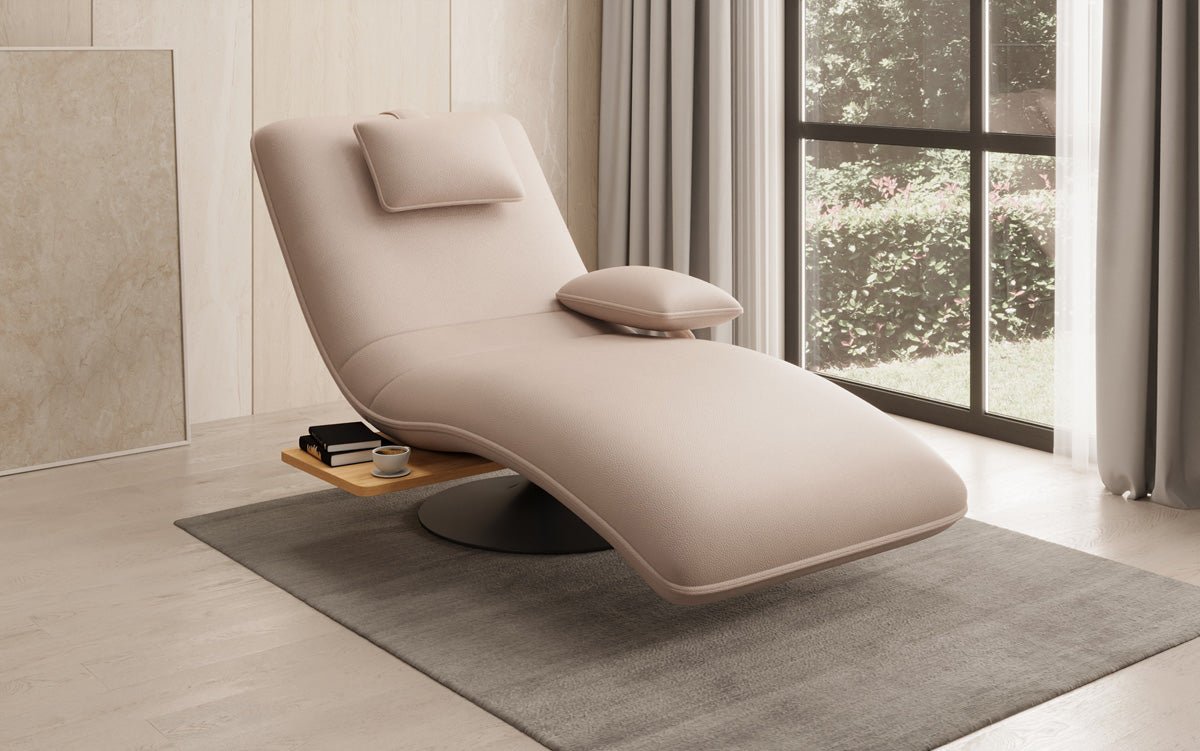 Chaise longue relax design en velours cuir véritable avec fonction pivotante et table d'appoint