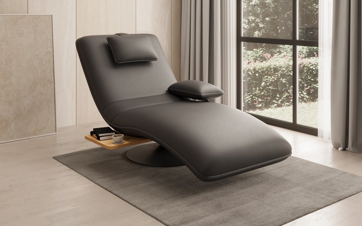Chaise longue relax design en velours cuir véritable avec fonction pivotante et table d'appoint