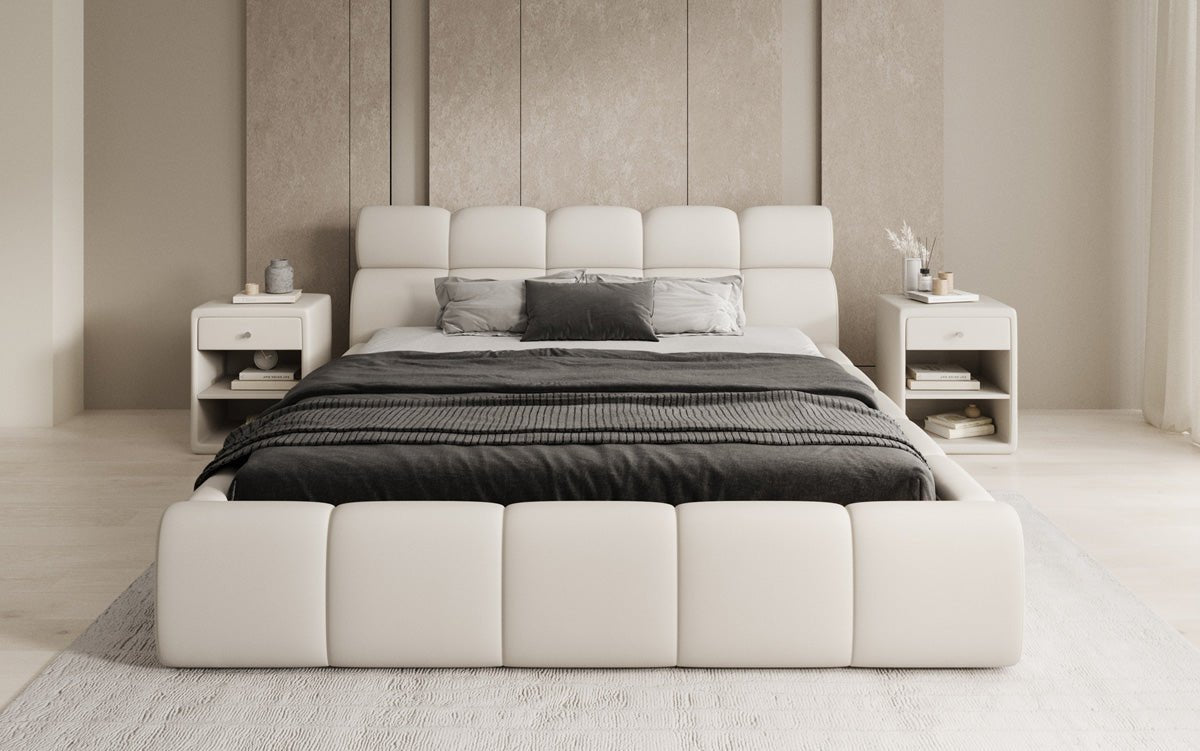 Lit rembourré design Dallas en tissu avec rangement