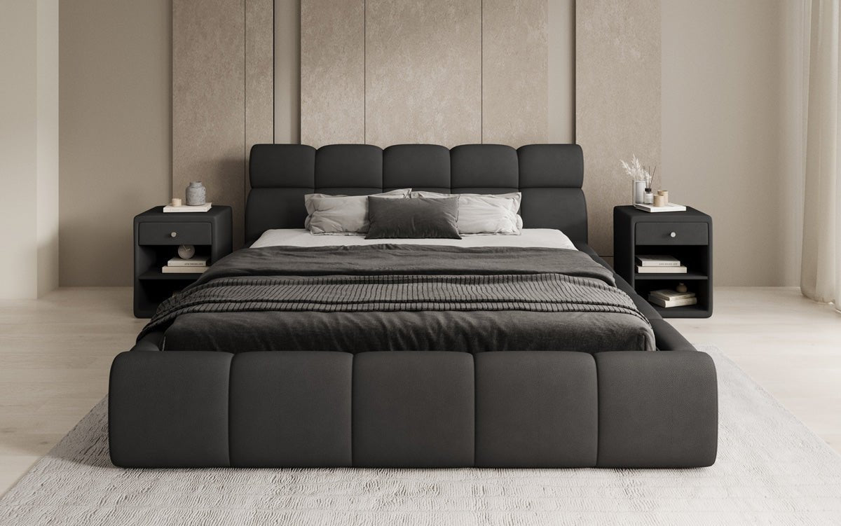 Lit rembourré design Dallas en tissu avec rangement