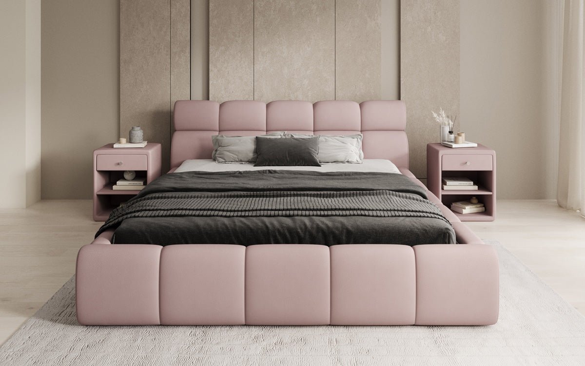 Lit rembourré design Dallas en tissu avec rangement