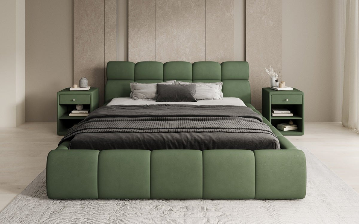Lit rembourré design Dallas en tissu avec rangement