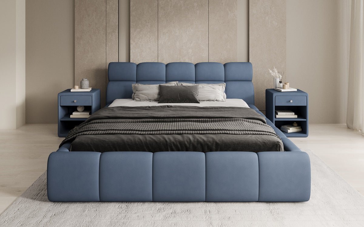 Lit rembourré design Dallas en tissu avec rangement