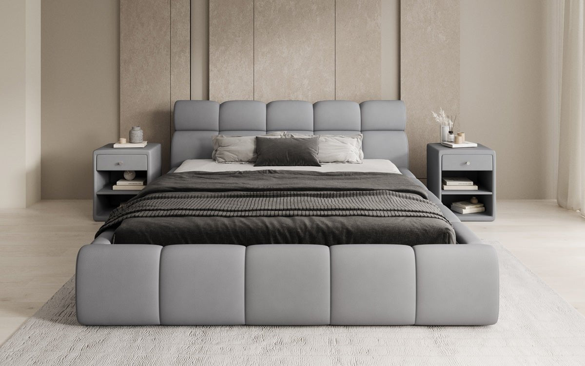 Lit rembourré design Dallas en tissu avec rangement