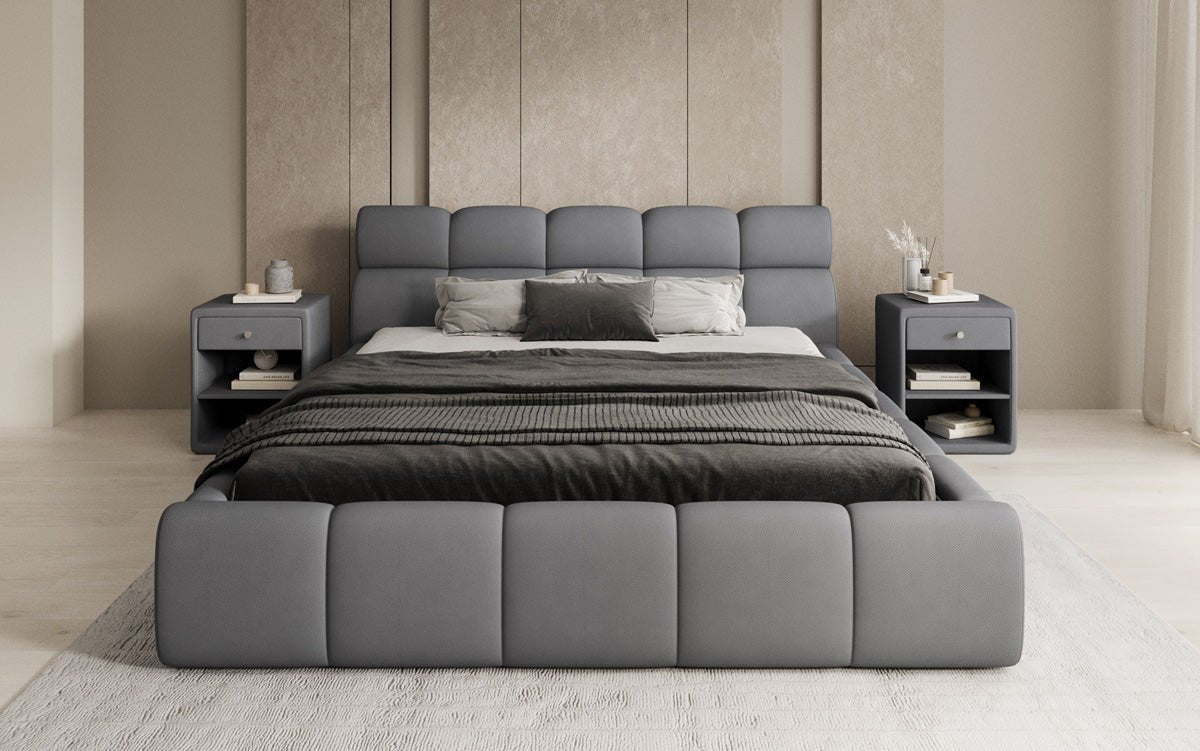Lit rembourré design Dallas en tissu avec rangement