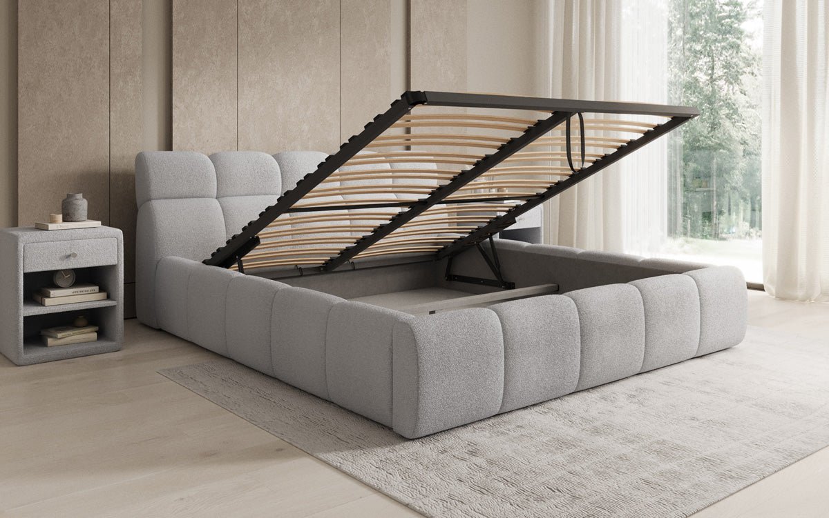 Designer Polsterbett Dallas Bouclé mat Stauraum