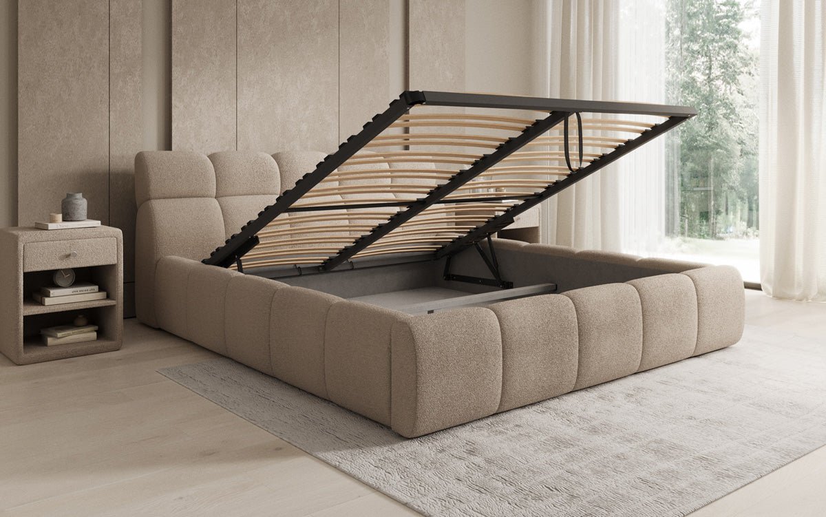 Designer Polsterbett Dallas Bouclé mat Stauraum