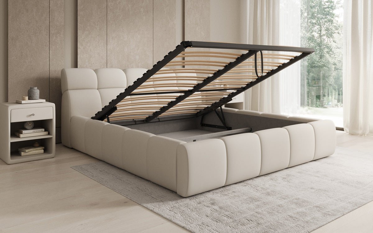 Lit rembourré design Dallas en tissu avec rangement