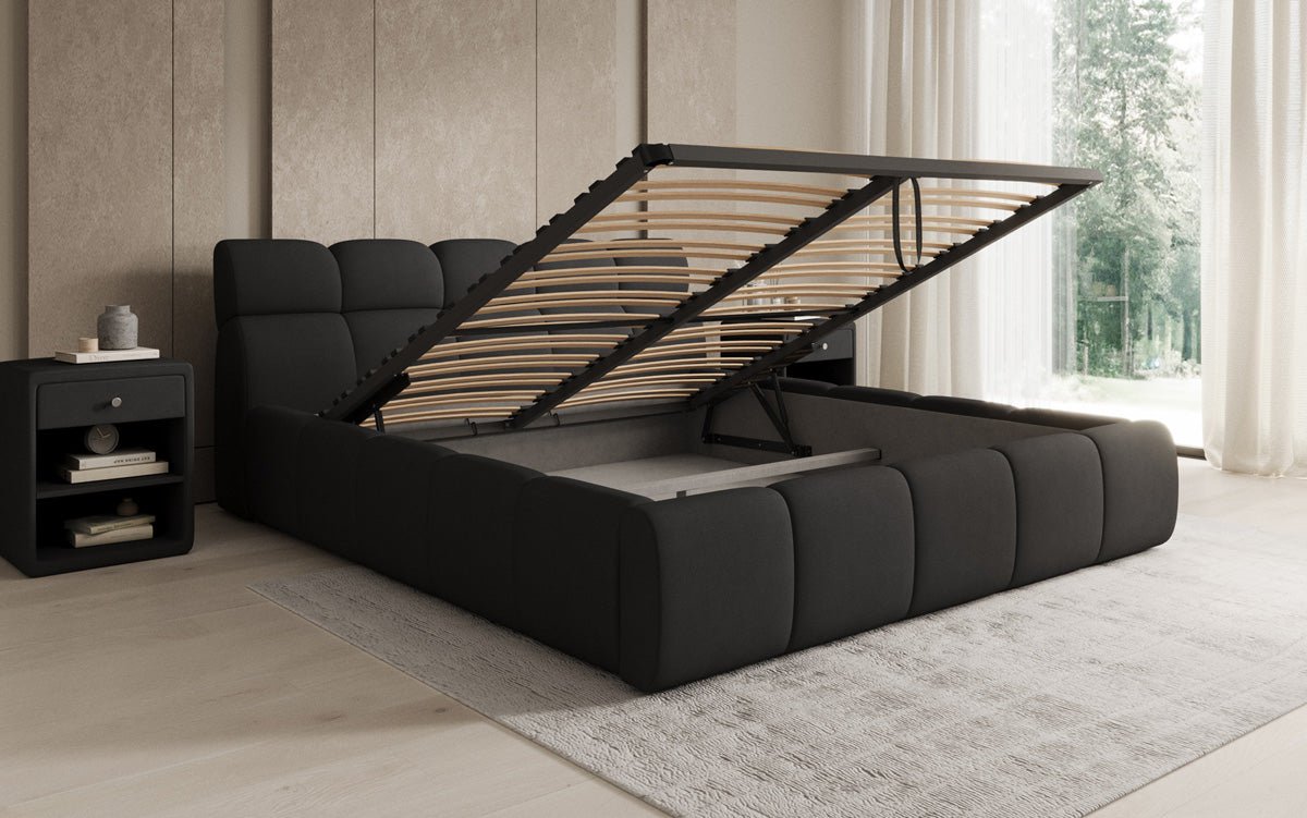 Lit rembourré design Dallas en tissu avec rangement