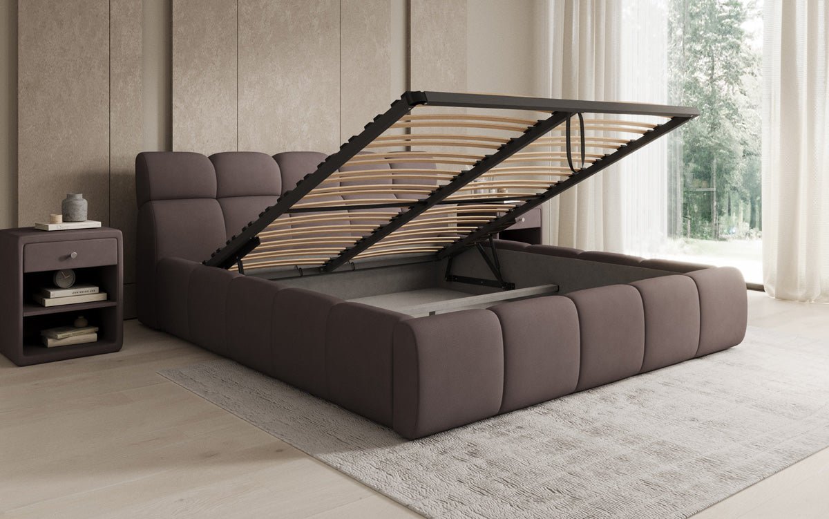 Lit rembourré design Dallas en tissu avec rangement